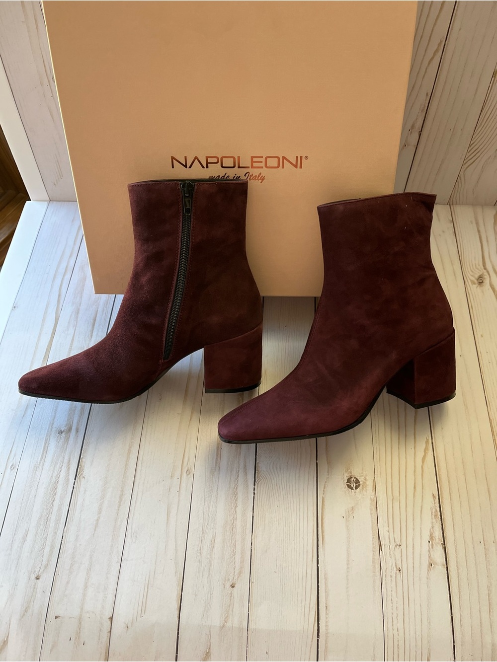 NAPOLEONI Burgundy Suede Mid-Heel Ankle Booties — Made in Italy